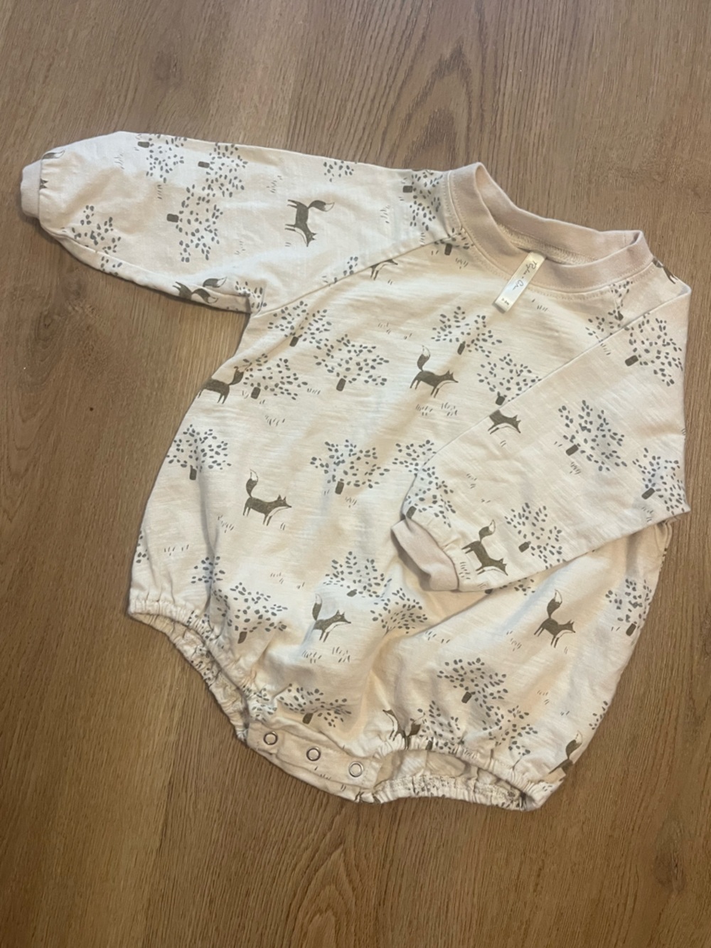 Rylee + Cru Beige Long Sleeve Bubble Romper with Fox Forest Woodland Print